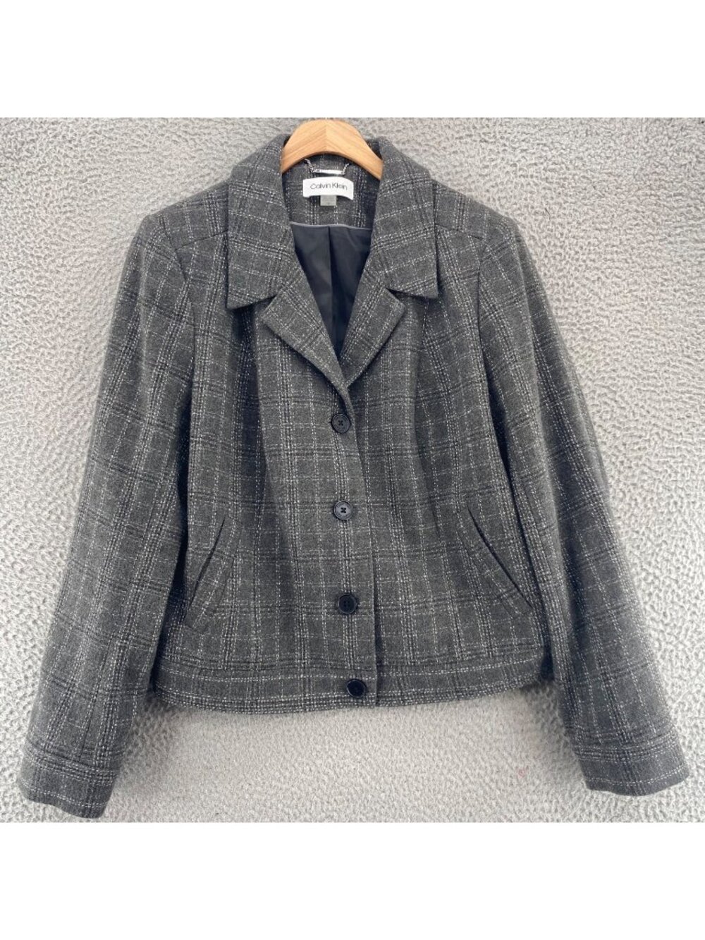 Calvin Klein Blazer Womens 14 Gray Plaid Tweed Wool Blend Notch Lapel Pockets